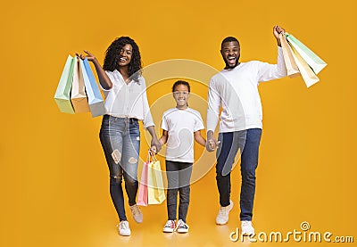 Parents And Their Daughter Carrying Shopping Bags and Smiling Stock Photo