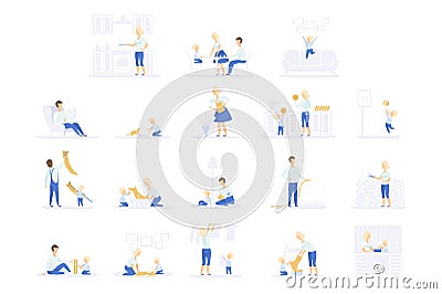 Parents and their kid spending time together and doing homework set, family lifestyle concept vector Illustrations on a Vector Illustration