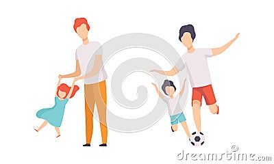 Parents and their Kids Having Good Time Together Set, Dad Swinging Daughter Holding her Hands and Playing Soccer with Stock Photo