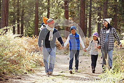 Parents and three children walking in a forest, front view Stock Photo