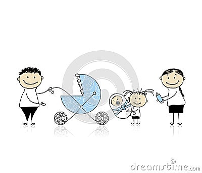 Parents walking with children, baby in buggy Vector Illustration