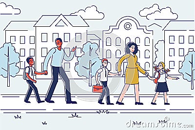 Parents walking kids to school over linear city buildings. Mother, father and schoolchildren Vector Illustration