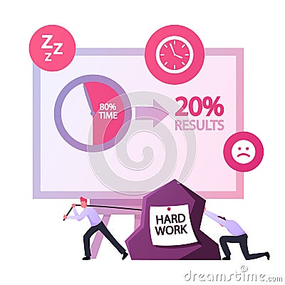 Pareto Law 20 Percent Efforts and Time Give 80 Percent of Result. Tiny Male Characters Pulling Heavy Rock with Hard Work Vector Illustration