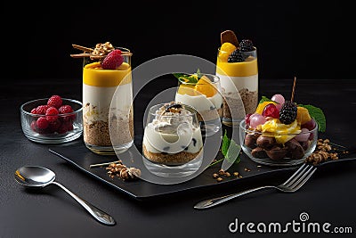 Parfait Dessert, Fruit Yogurt Breakfast in Glass, Sweet Cream Parfait, Abstract Generative AI Illustration Stock Photo