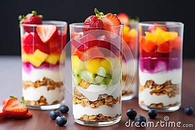 parfait glasses with layered fruit salad and yogurt Stock Photo