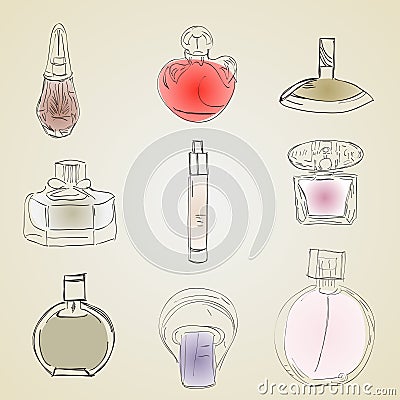 Parfume bottles sketch illustration. Cartoon Illustration