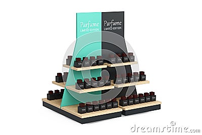 Parfume Bottles on a Wooden Store Product Display Showcase Rack Shelves. 3d Rendering Stock Photo