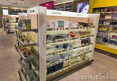 Parfumery store shelf in Travel Free shop. Skofije, Slovenia. Editorial Stock Photo