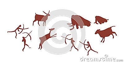 Parietal art or cave painting depicting group or tribe of Stone age people or hunters hunting deers and mammoths Vector Illustration