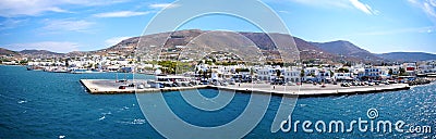 Parikia, Paros, Greece, September 12 2018 Panoramic view of the port and the promenade of the city Editorial Stock Photo