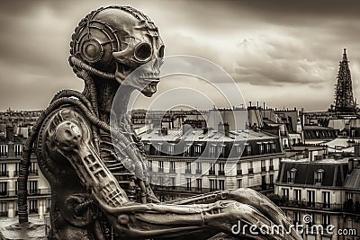 Paris Biomechanical town that blend human physiques with machines illustration generative ai Cartoon Illustration