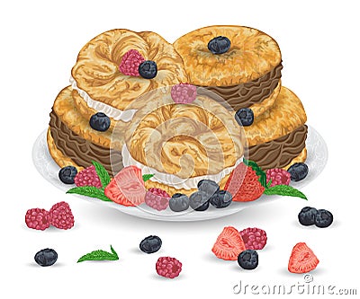 Paris brest cakes with praline and chocolate cream on plate with berries. French pastries with strawberry, raspberry, blueberry an Vector Illustration