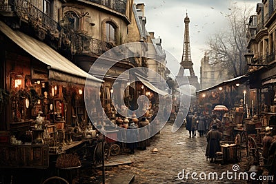 Paris is the capital and largest city of France and the most populous metropolitan area in the world, An engraving-style depiction Stock Photo