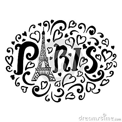 Paris card with letters, hearts, eiffel tower hand drawn illustration isolated on white background. Doodle sketch black Vector Illustration