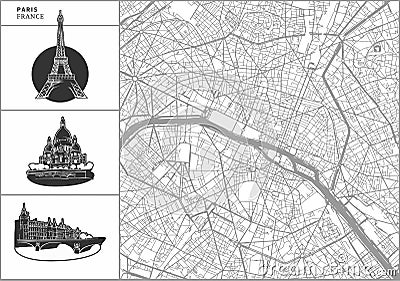 Paris city map with hand-drawn architecture icons Vector Illustration