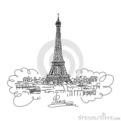 Paris,cityscape with Eifel Tower. Sketch for your design Vector Illustration