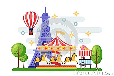 Paris cityscape with Eiffel tower, amusement park carousel and street food trolley. Vector flat illustration Vector Illustration