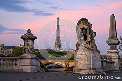 Paris cityscape with Eiffel Tower and Lions on Alexandre Bridge Editorial Stock Photo