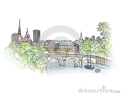 Paris cityscape with Seine embankment. Old city spring view. Street shops and cafe in Paris city. Cityscape - houses, buildings Stock Photo