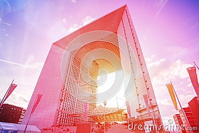 Paris Defense business district skyline with Grande Arche and office buildings Editorial Stock Photo