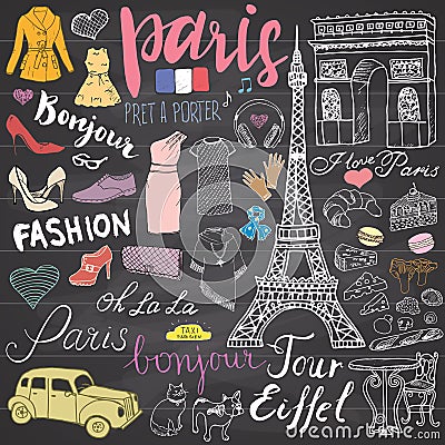 Paris doodles elements. Hand drawn set with eiffel tower bred cafe, taxi triumf arch, Notre Dame cathedral, fashion elements, cat Vector Illustration