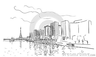 Paris Eiffel Tower and river Seine cityscape vector sketch, Hand drawn illustration Vector Illustration