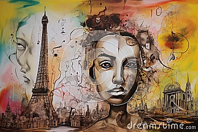 Paris Eiffle Tower Abstract colorful acrylic painting in Dali Styl Generative AI Stock Photo