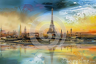 Paris Eiffle Tower Abstract colorful acrylic painting in Dali Styl Generative AI Stock Photo