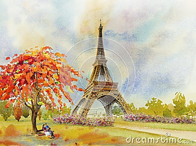 Paris European city. France, eiffel tower watercolor painting. Cartoon Illustration