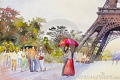 Paris european city landscape. France, eiffel tower and couple lovers Cartoon Illustration