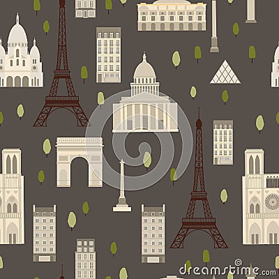 Famous sights of Paris. Vector seamless pattern Vector Illustration