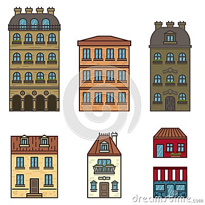 Paris flat line houses set in different colors Isolated Vector illustration of flat buildings Cartoon Illustration