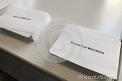 PARIS, FRANCE - APRIL 10, 2022 :Ballots with the names of candidates for the presidential elections in France Editorial Stock Photo