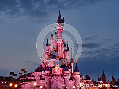 Night performance near Sleeping Beauty castle in Disneyland Paris. Disneyland Paris Euro Disney Editorial Stock Photo