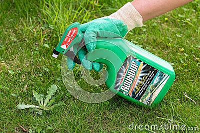 Paris, France - August 15, 2018 : Gardener using Roundup herbicide in a french garden. Roundup is a brand-name of an herbicide con Editorial Stock Photo