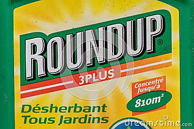 Paris, France - August 15, 2018 : Herbicide in a french garden. Roundup is a brand-name of an herbicide containing glyphosate, mad Editorial Stock Photo