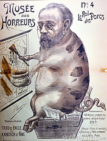 A caricature of Emile Zola `the king of pigs` Editorial Stock Photo