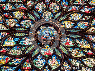 Details of the interior of the Sainte-Chapelle or Holy Chapel,a gothic building full of Editorial Stock Photo