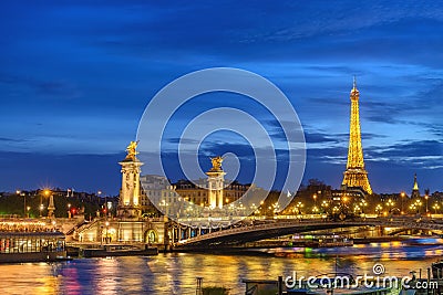 Paris France city skyline night at Seine River Editorial Stock Photo