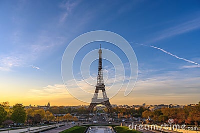 Paris France city skyline sunrise at Eiffel Tower Stock Photo