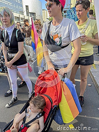 Paris, France, Crowd People Marching in Gay Pride, LGBTQI+, 2023, Gay Lesbian Parents with Children Editorial Stock Photo