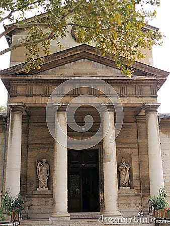 Paris, France, Date 8.13.2018, Time 11 o`clock and 34 minutes.Entrance front and entrance of the church, Notre-Dame de la Nativit Stock Photo