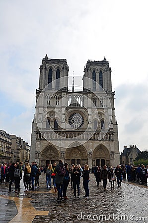 Paris, France - famous Notre Dame cathedral facade saint statues. UNESCO World Heritage Site Editorial Stock Photo
