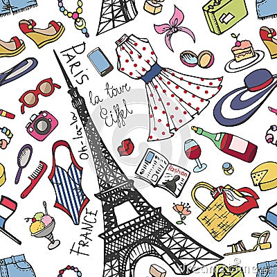 Paris France fashion seamless pattern.Summer Womancolored wear Vector Illustration