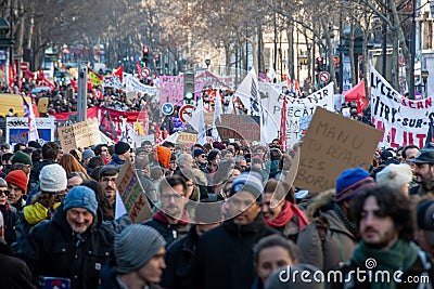 Crowd of French people protesting against the governement's retirement reform, Paris, France Editorial Stock Photo