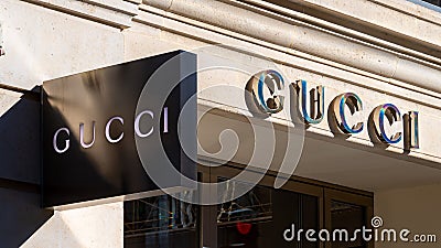 Sign of a Gucci boutique, an Italian brand specializing in fashion and luxury Editorial Stock Photo