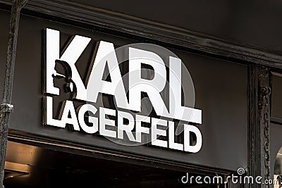 Sign and logo of a Karl Lagerfeld boutique, Paris, France Editorial Stock Photo