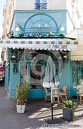 The traditional French restaurant La Marquise is located on Montparnasse Boulevard, in the 15th district of Paris. Editorial Stock Photo