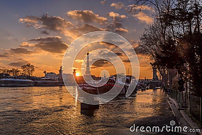 View of Paris flood as river Seine rises and approaches record level. Eiffel tower in background Stock Photo