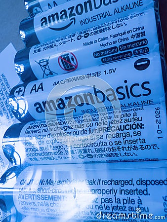 Close-up macro shot of plastic blister with four Amazon Basics Industrial Editorial Stock Photo